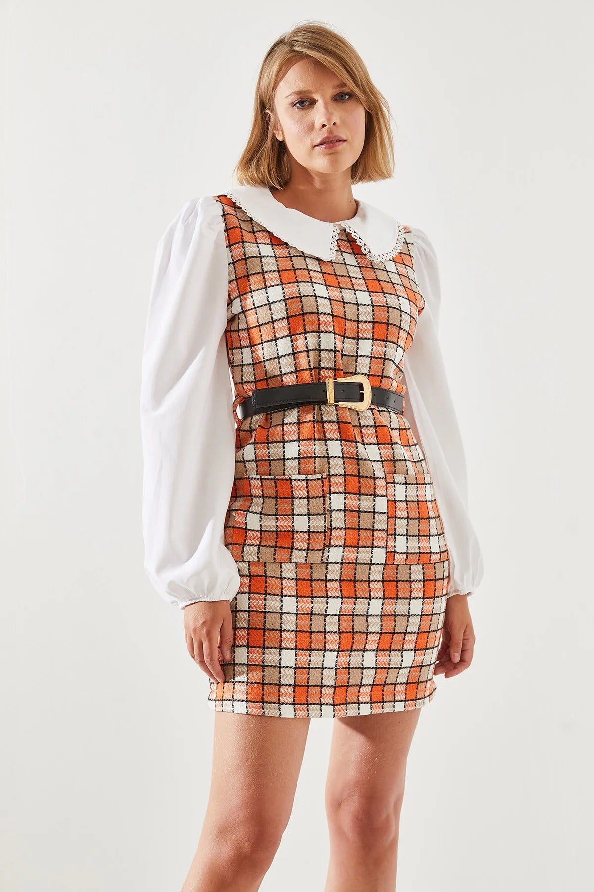 Women's Belted Plaid Collar Dress dress LUNARITY GARAGE Orange Small