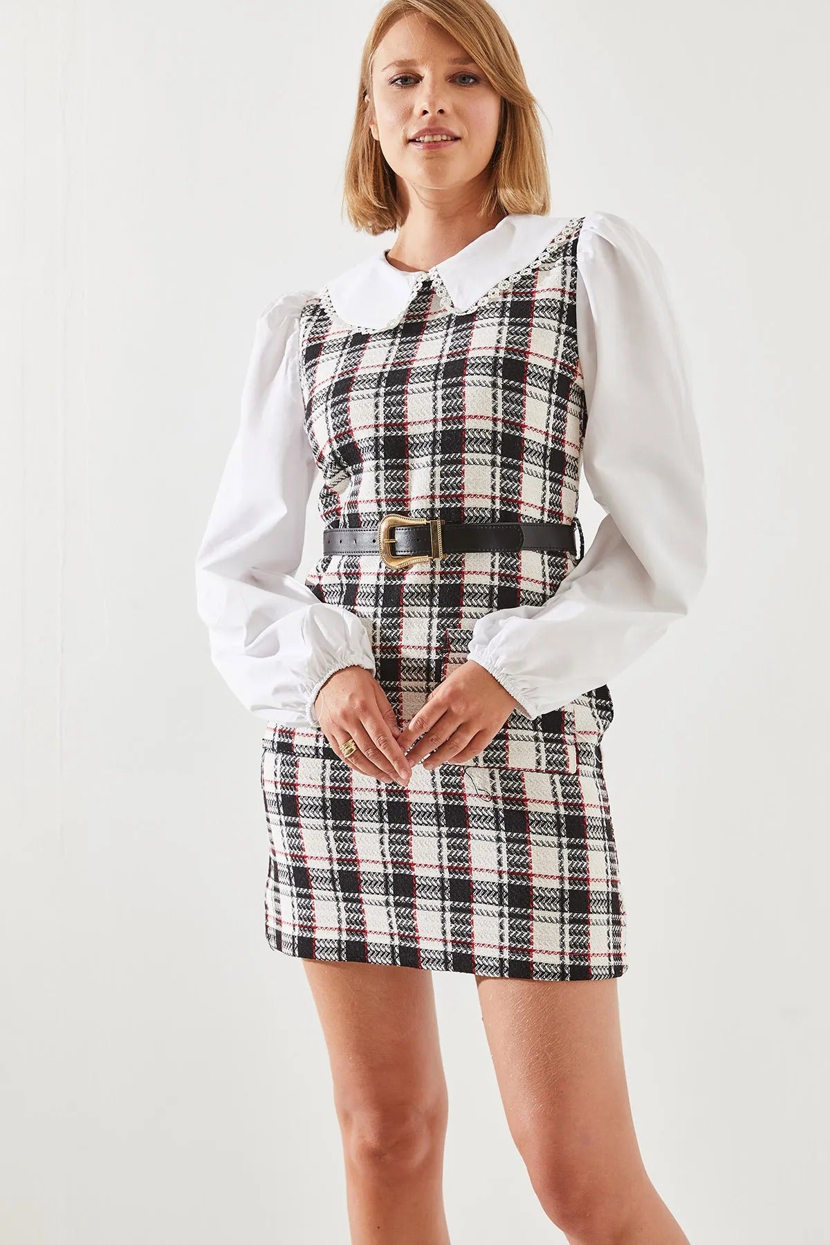 Women's Belted Plaid Collar Dress dress LUNARITY GARAGE