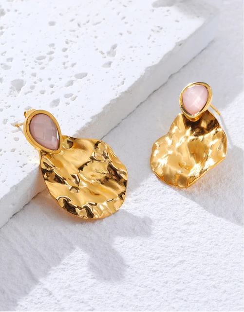 Vintage Gold Plated Exquisite Pink Natural Stone Drop Earrings earrings LUNARITY GARAGE