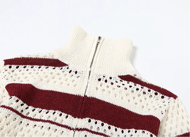 Hollow Stripe Crochet Crop Sweater – Y2K Full Sleeve Zip Knit Jacket Jackets Lunarity Garage