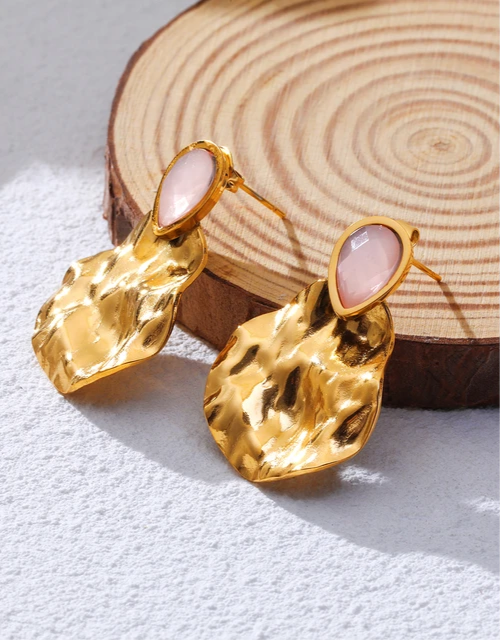 Vintage Gold Plated Exquisite Pink Natural Stone Drop Earrings earrings LUNARITY GARAGE