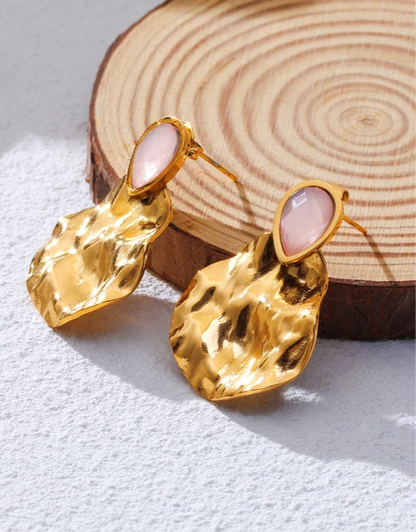 Vintage Gold Plated Exquisite Pink Natural Stone Drop Earrings earrings LUNARITY GARAGE   