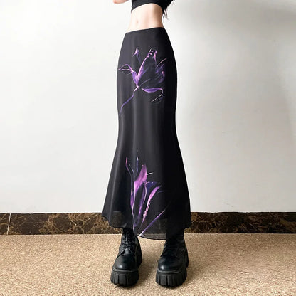 Gothic Dark Fairy Print Mesh Fishtail Skirt Skirts Lunarity Garage   