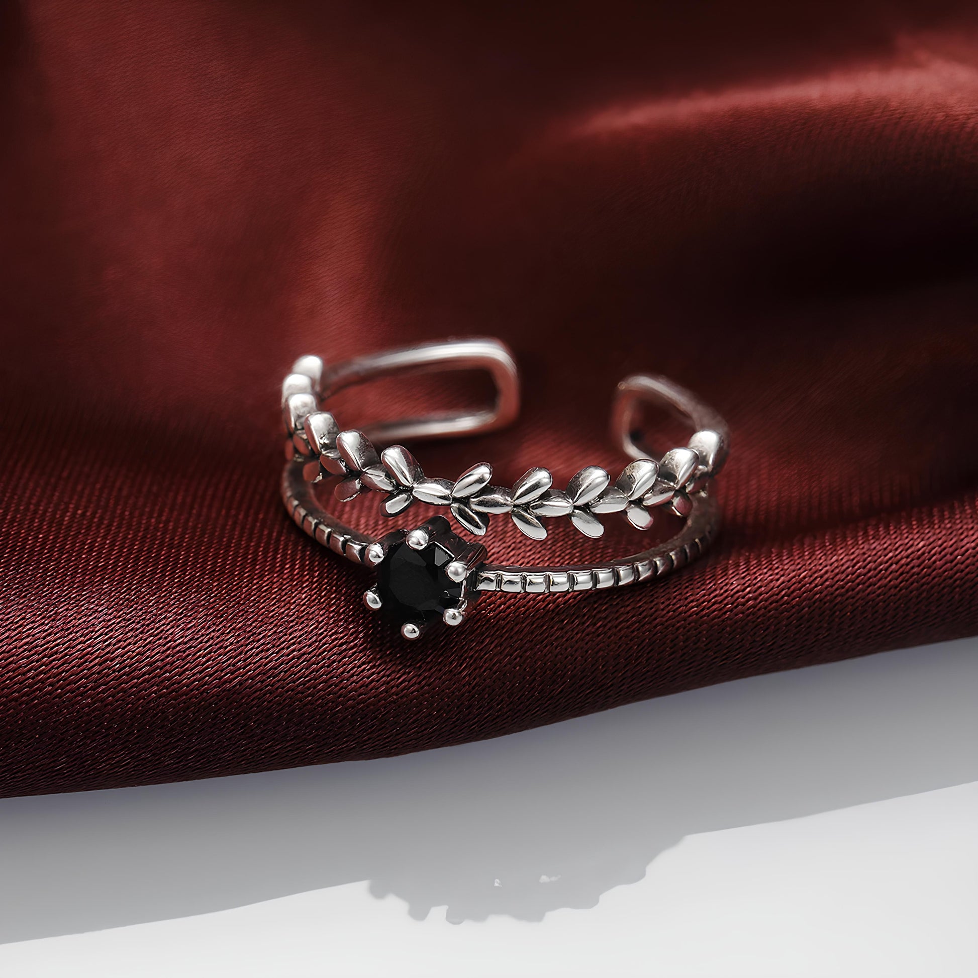 Antique Silver Color Vintage Adjustable Branch Ring with Black Stone Ring Lunarity Garage Resizable  
