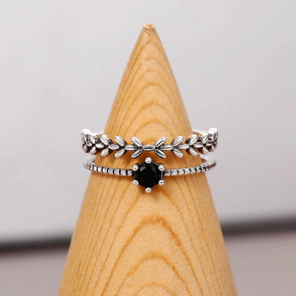 Antique Silver Color Vintage Adjustable Branch Ring with Black Stone Ring Lunarity Garage