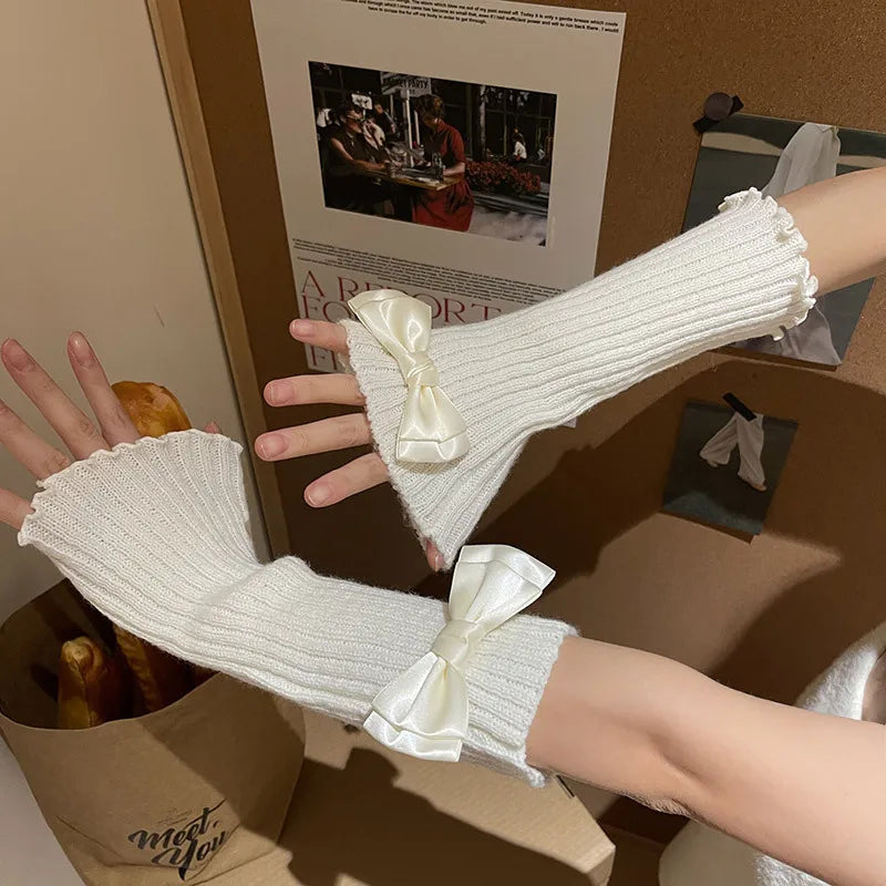 Y2K Lolita Knitted Bow Tie Fingerless Gloves Gloves Lunarity Garage White One Size