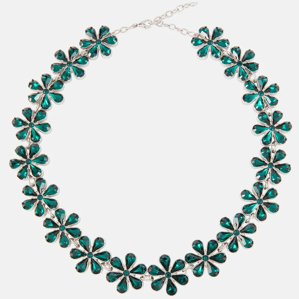 Green Rhinestone Flower Choker Necklace Necklace Lunarity Garage Silver-Green