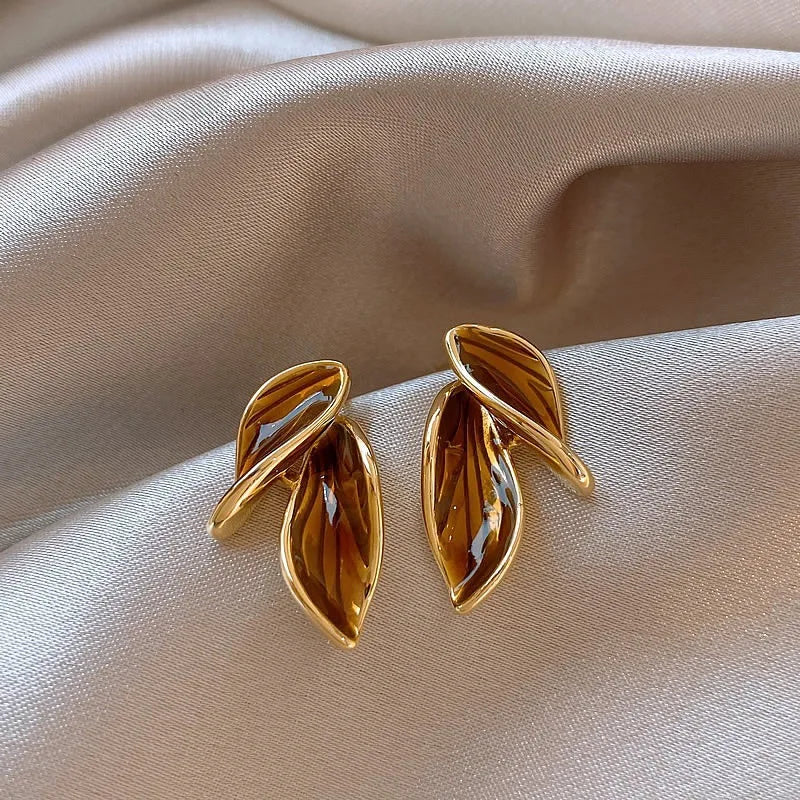 Brown Leaf Geometry Stud Earrings - Trendy Metal Plant-Inspired Push-Back Studs Earrings Lunarity Garage Brown