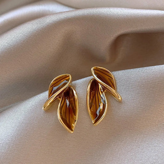 Brown Leaf Geometry Stud Earrings - Trendy Metal Plant-Inspired Push-Back Studs Earrings Lunarity Garage Brown  