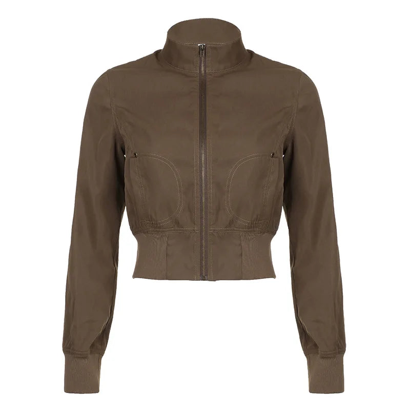 Vintage Y2K Brown Crop Bomber Jacket Turtleneck Zip-Up Fall Winter Coat Jackets Lunarity Garage Brown S