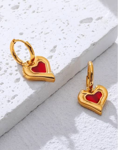 Red Enamel Heart Charm Hoop Earrings earrings LUNARITY GARAGE   