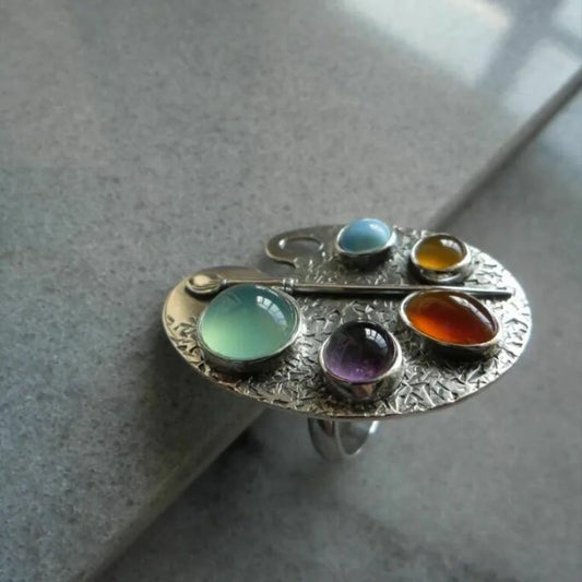 Creative Geometry Silver Color Metal Oval Ring with Inlaid Colored Stones Ring Lunarity Garage   