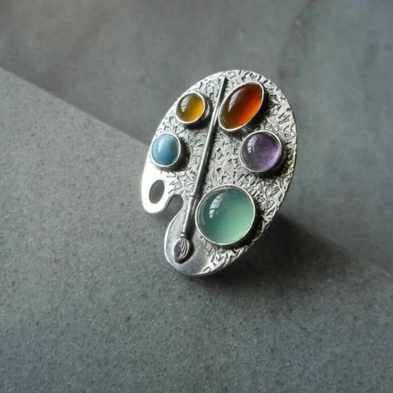 Creative Geometry Silver Color Metal Oval Ring with Inlaid Colored Stones Ring Lunarity Garage