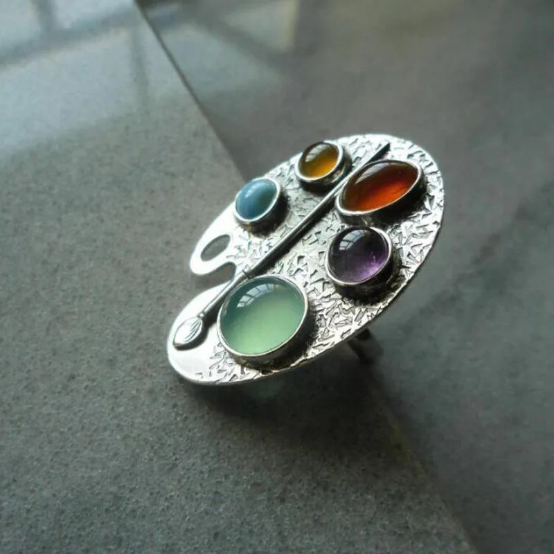 Creative Geometry Silver Color Metal Oval Ring with Inlaid Colored Stones Ring Lunarity Garage