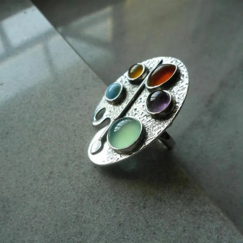 Creative Geometry Silver Color Metal Oval Ring with Inlaid Colored Stones Ring Lunarity Garage