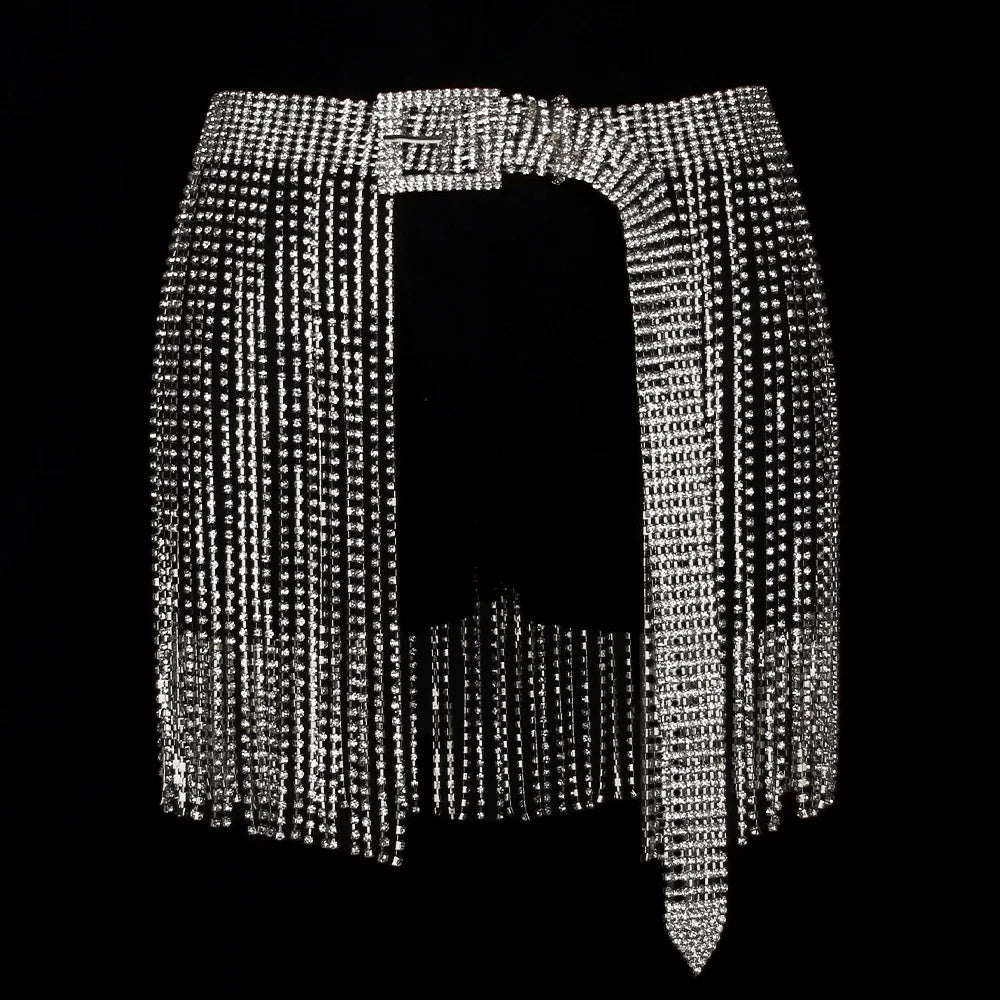 Glitter Crystal Tassel Mini Skirt Rhinestone Chain Belt Belt Lunarity Garage   