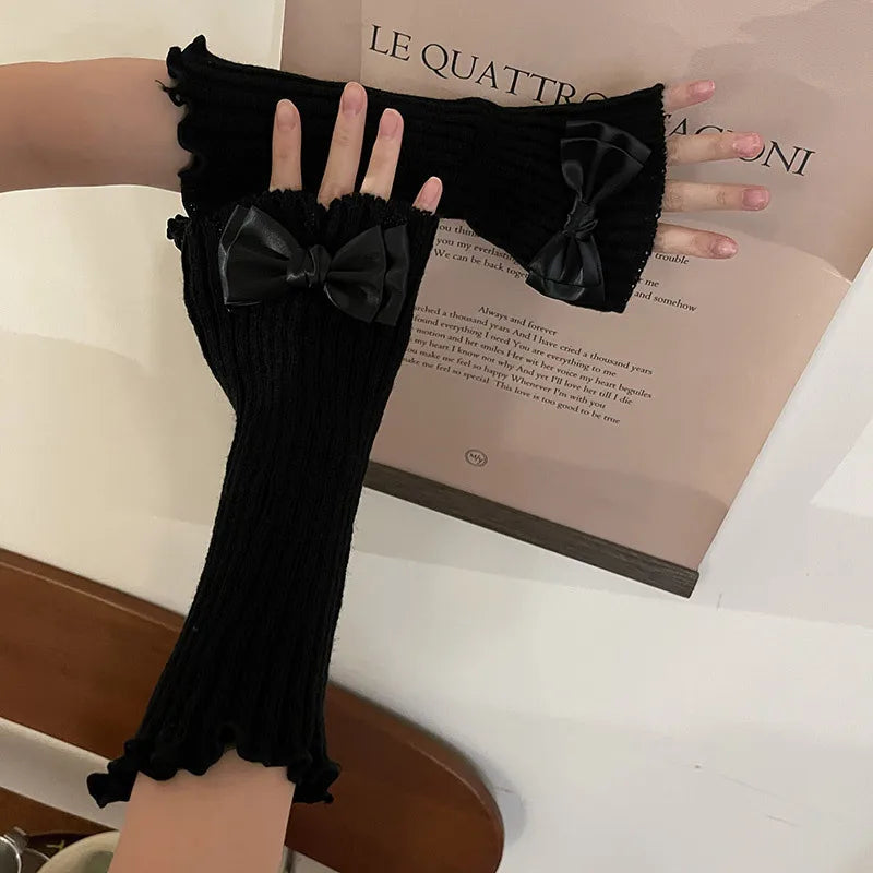 Y2K Lolita Knitted Bow Tie Fingerless Gloves Gloves Lunarity Garage Black One Size