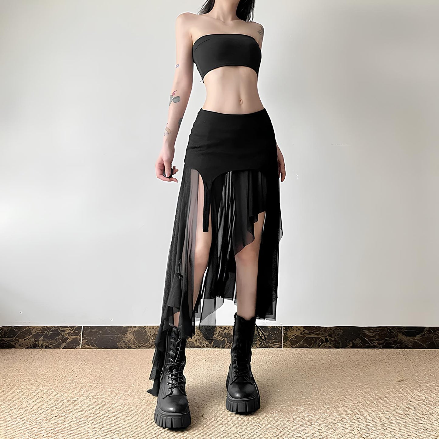 Y2K Harajuku Cyber Mesh Patchwork Irregular Hem Skirt Skirts Lunarity Garage   