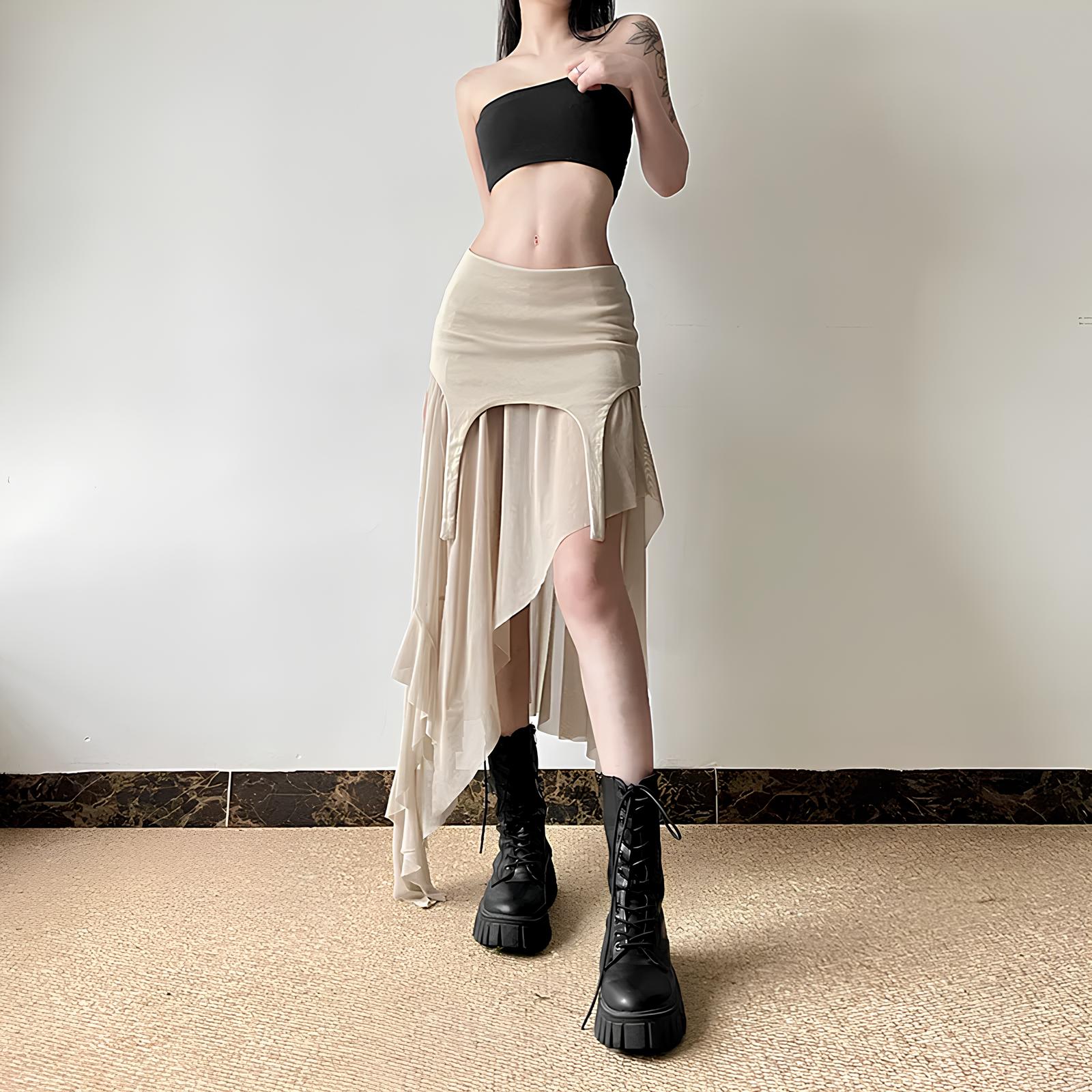 Y2K Harajuku Cyber Mesh Patchwork Irregular Hem Skirt Skirts Lunarity Garage