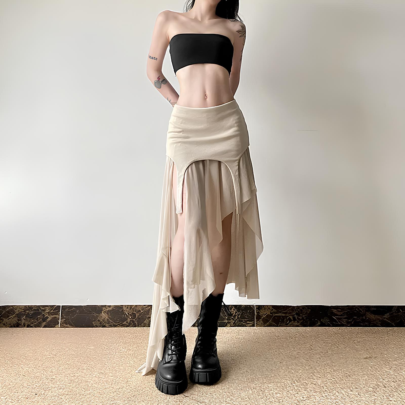 Y2K Harajuku Cyber Mesh Patchwork Irregular Hem Skirt Skirts Lunarity Garage