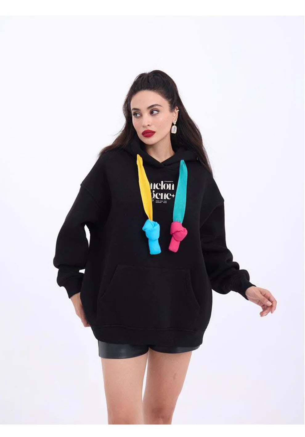 Colorful Threads Black Hoodie Handmade Asymmetrical Design Cotton Wool Fabric