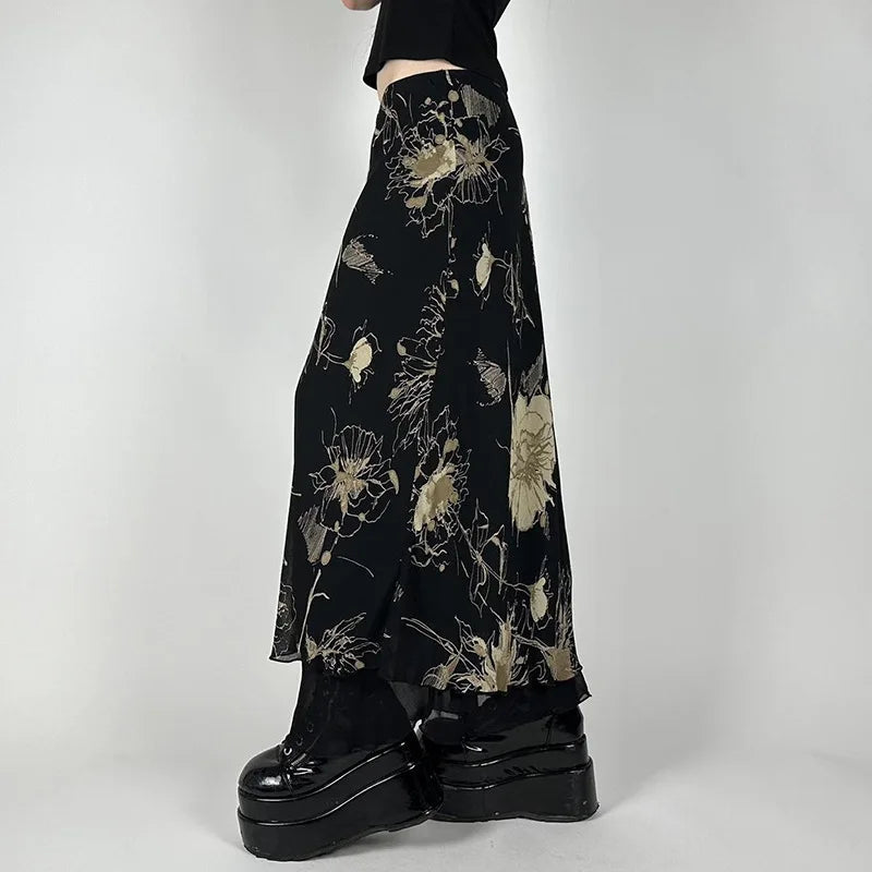 Y2K Aesthetic Floral Print Double Layer Mesh A-Line Fairy Skirt Skirts Lunarity Garage   