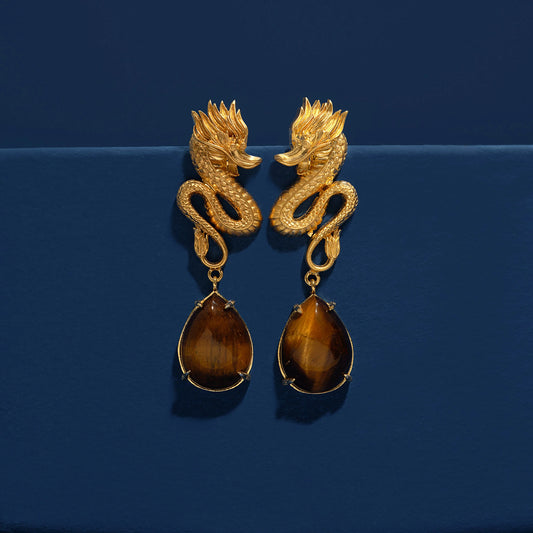 Dragon Earrings - Tiger Eye & Gold Plated Silver Earrings LUNARITY GARAGE