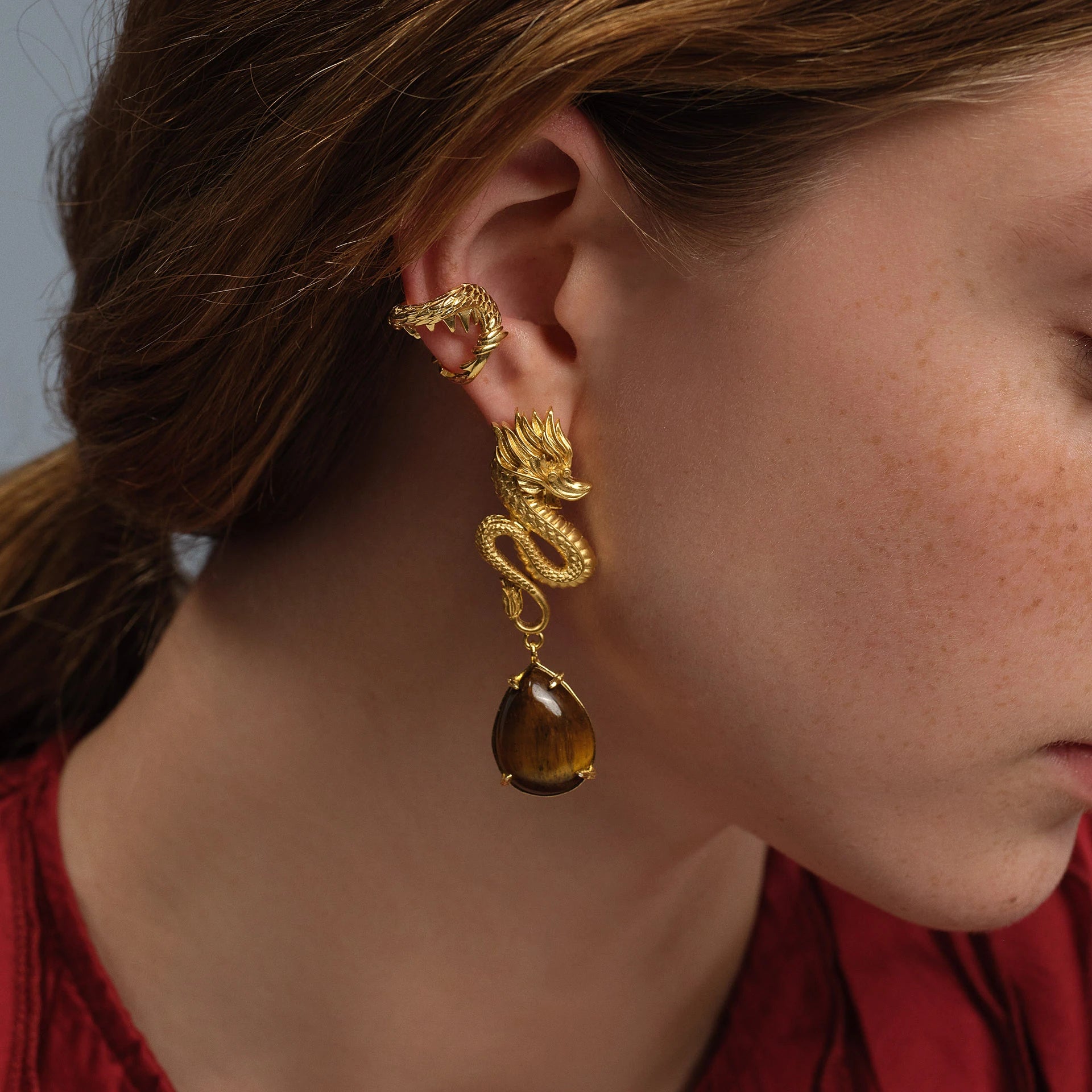 Dragon Earrings - Tiger Eye & Gold Plated Silver Earrings LUNARITY GARAGE