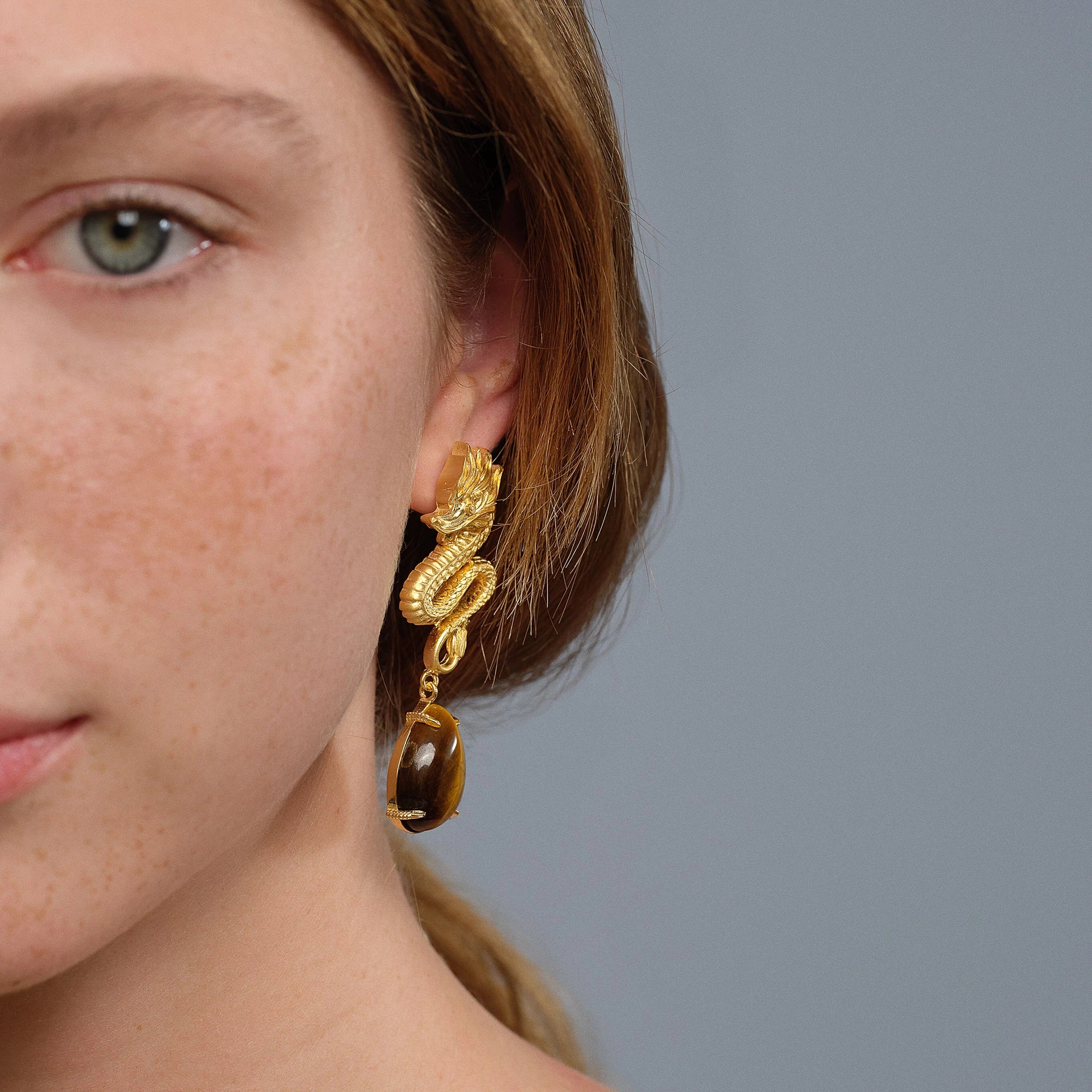 Dragon Earrings - Tiger Eye & Gold Plated Silver Earrings LUNARITY GARAGE