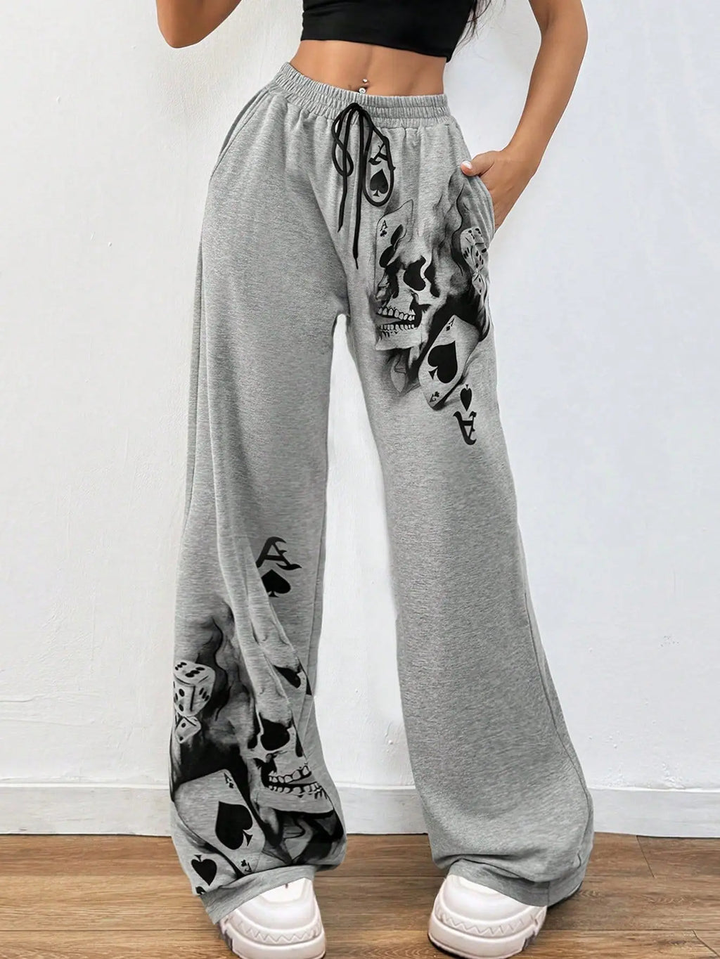 Gothic Drawstring Skulls Print Straight Pants Pants Lunarity Garage Grey S 