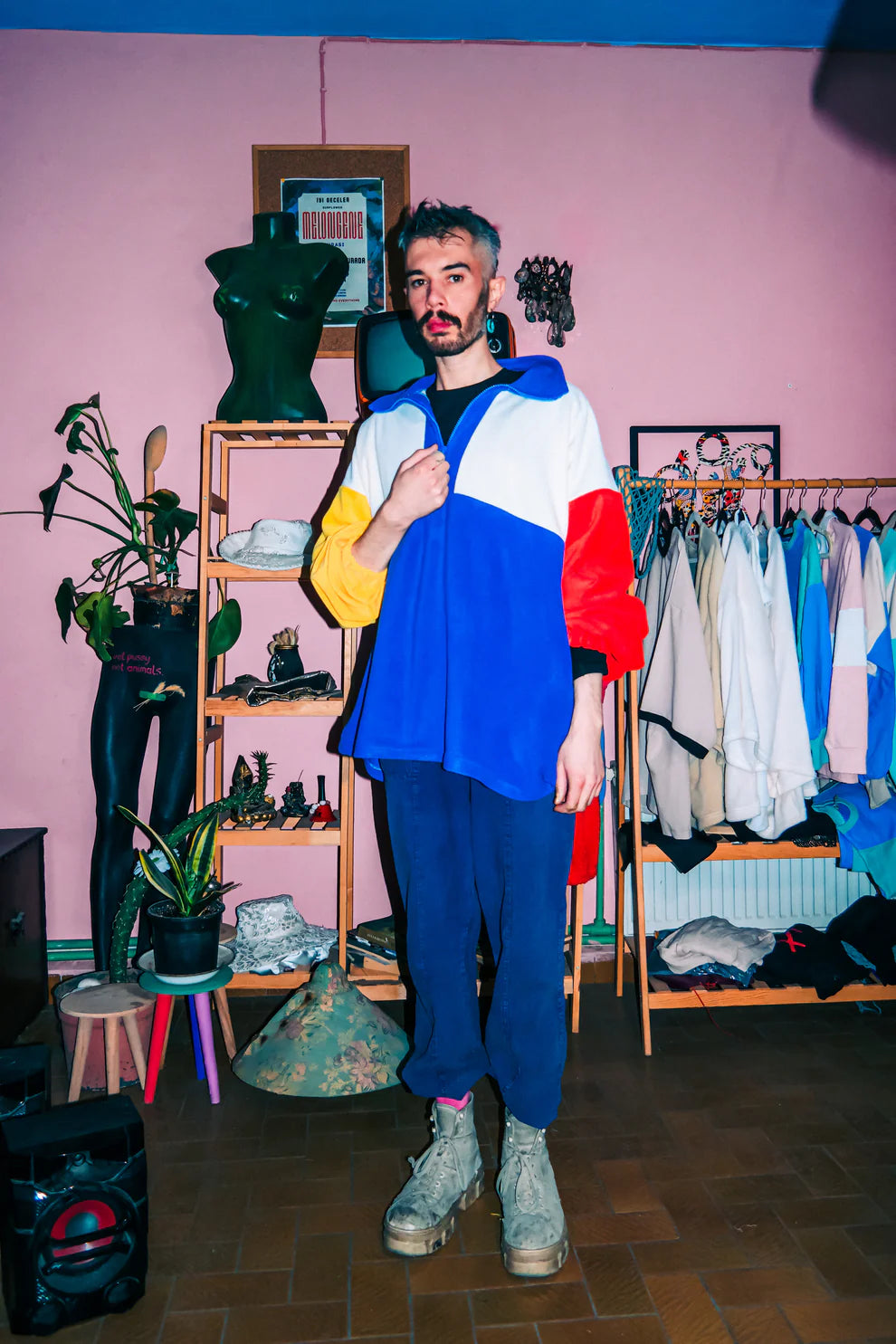Colorful Oversize Polar Sweatshirt Red Blue Yellow Cream Color Block Half Zip sweatshirt LUNARITY GARAGE 2XS  
