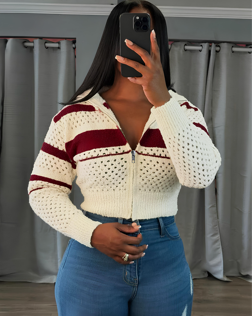 Hollow Stripe Crochet Crop Sweater – Y2K Full Sleeve Zip Knit Jacket Jackets Lunarity Garage