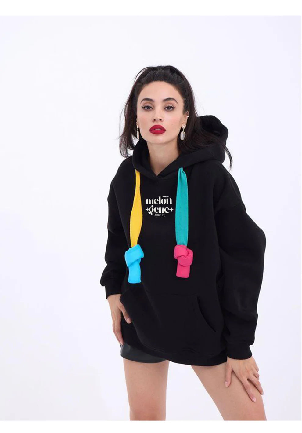 Colorful Threads Black Hoodie Handmade Asymmetrical Design Cotton Wool Fabric