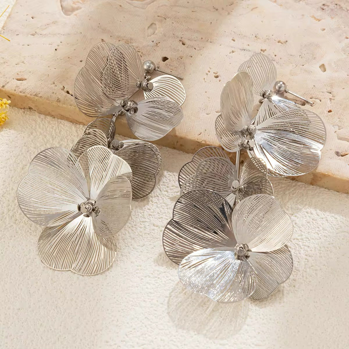 Elegant Romantic Petal Flower Long Hanging Drop Earrings earrings LUNARITY GARAGE Silver  