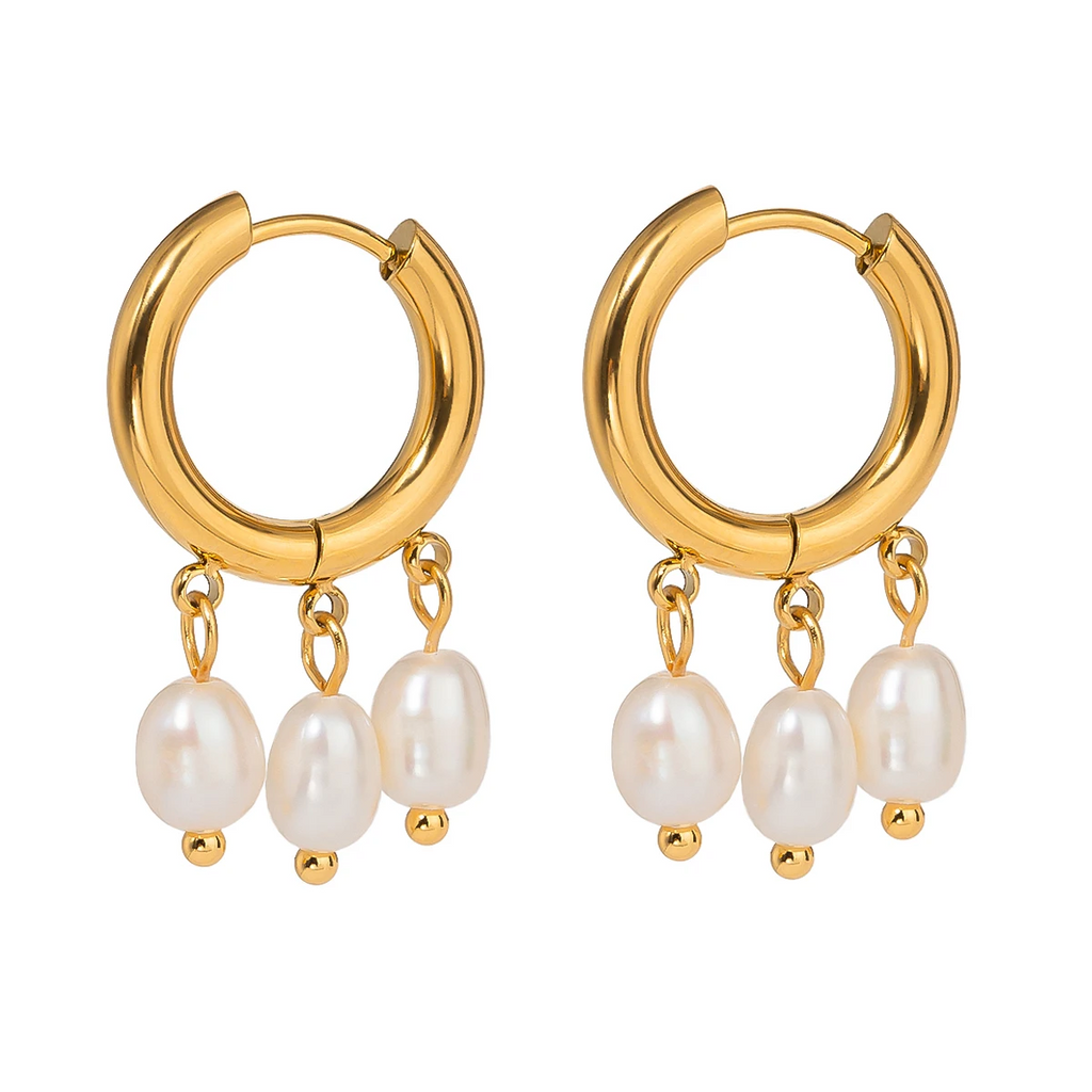 Elegant Stainless Steel Earrings Three White Freshwater Pearls earrings LUNARITY GARAGE   