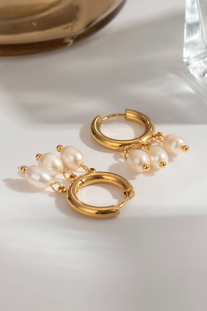Elegant Stainless Steel Earrings Three White Freshwater Pearls earrings LUNARITY GARAGE   