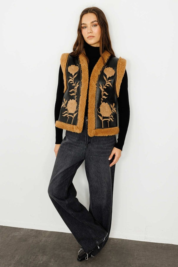 Embroidered Camel Cowboy Vest – Teddy Fleece Lining, Floral Embroidery, Faux Leather, Western Style Vest LUNARITY GARAGE