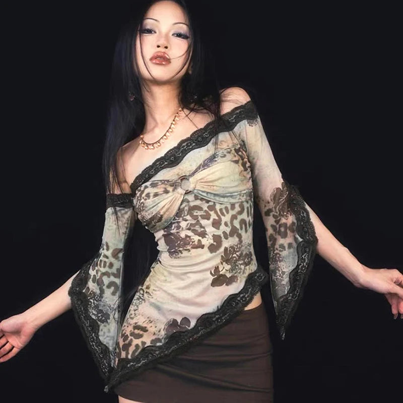 Spring Vintage Asymmetrical Bow Top with Lace and Flared Sleeves BLOUSE Lunarity Garage