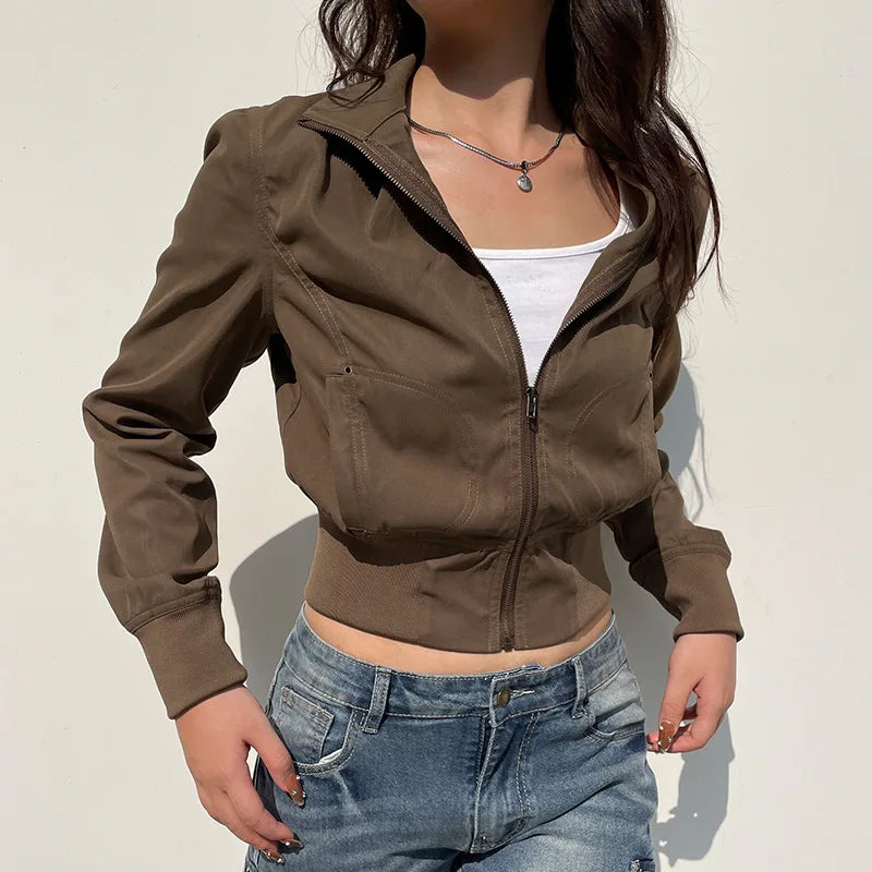 Vintage Y2K Brown Crop Bomber Jacket Turtleneck Zip-Up Fall Winter Coat Jackets Lunarity Garage