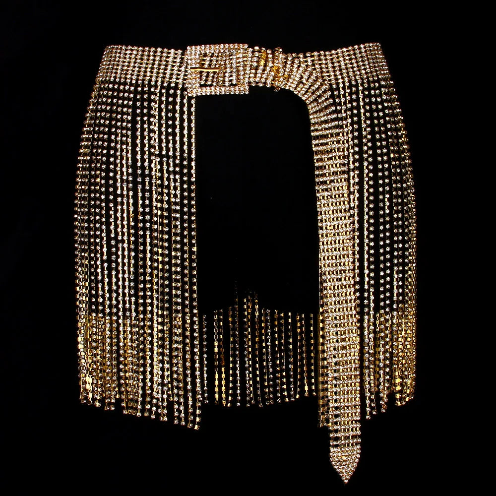 Glitter Crystal Tassel Mini Skirt Rhinestone Chain Belt Belt Lunarity Garage Gold