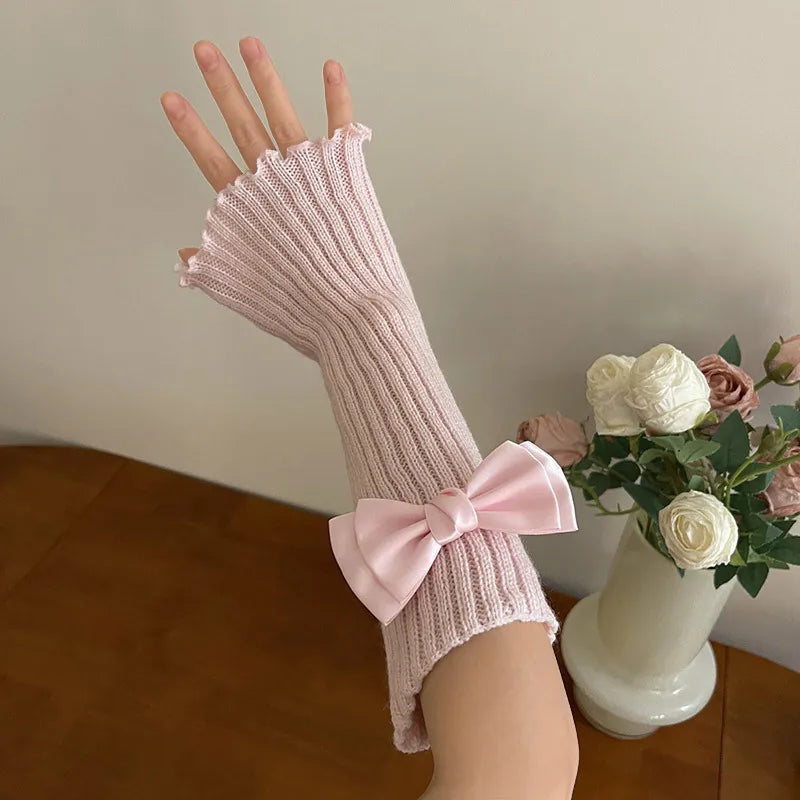 Y2K Lolita Knitted Bow Tie Fingerless Gloves Gloves Lunarity Garage   