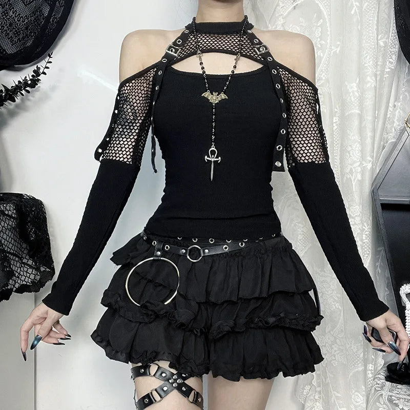 Gothic Punk Grunge Off-Shoulder Fishnet Halter Top crop top Lunarity Garage