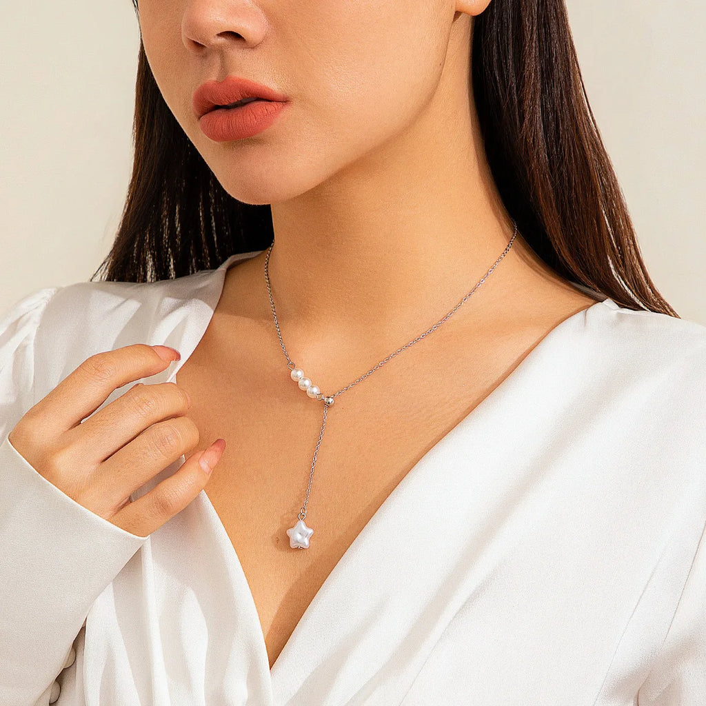 Five-Pointed Star Pearl Tassel Necklace Necklace LUNARITY GARAGE Silver  
