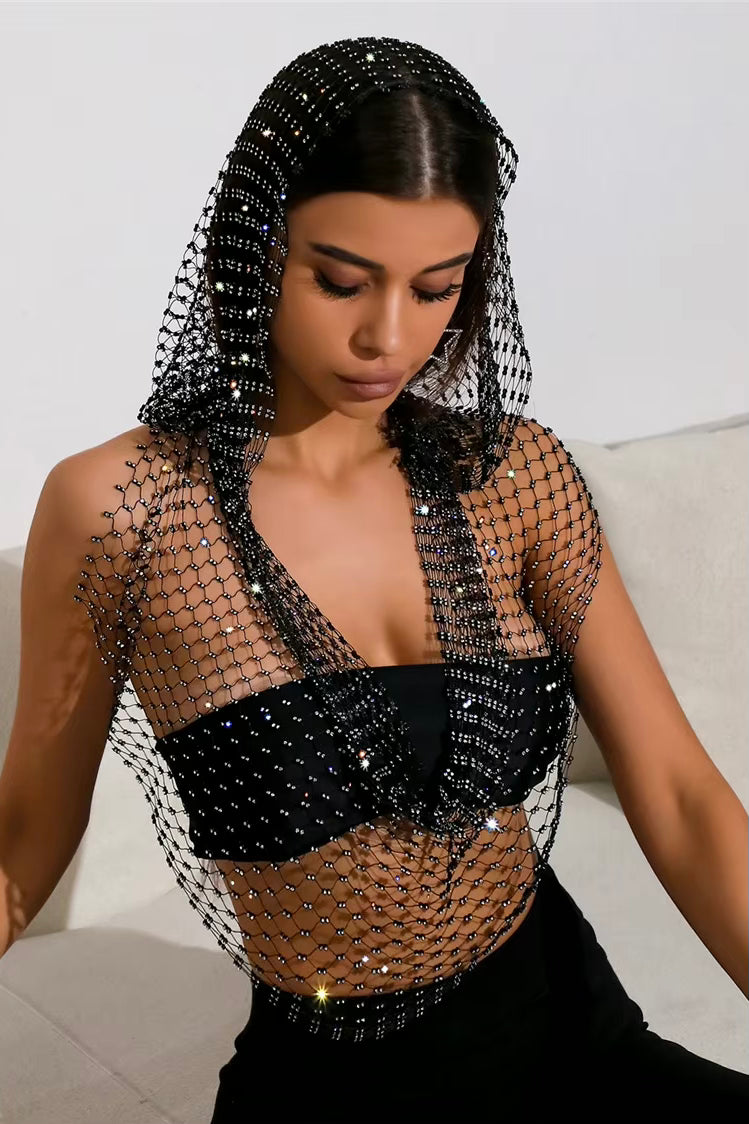 Shimmering Rhinestone Fishnet Hooded Crop Top – The Ultimate Festival Statement LUNARITY GARAGE
