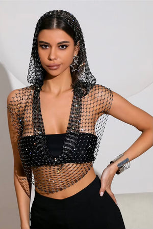 Shimmering Rhinestone Fishnet Hooded Crop Top – The Ultimate Festival Statement LUNARITY GARAGE Black One Size