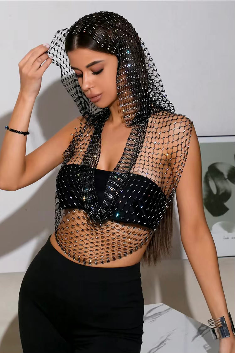 Shimmering Rhinestone Fishnet Hooded Crop Top – The Ultimate Festival Statement LUNARITY GARAGE