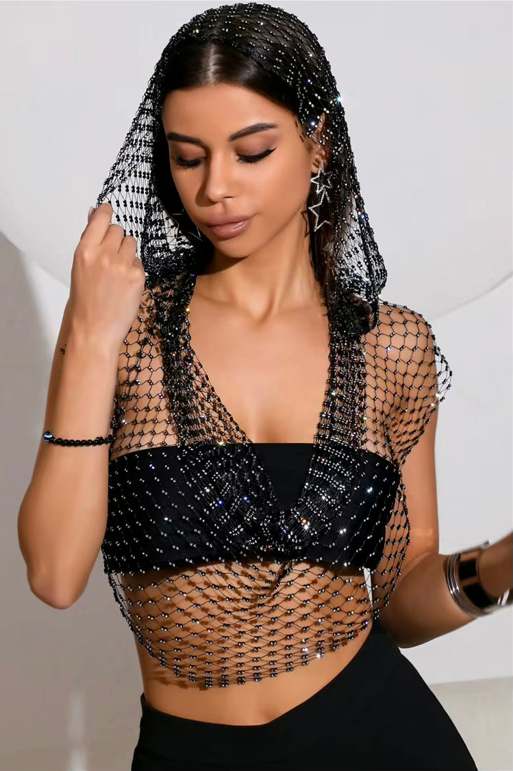Shimmering Rhinestone Fishnet Hooded Crop Top – The Ultimate Festival Statement LUNARITY GARAGE