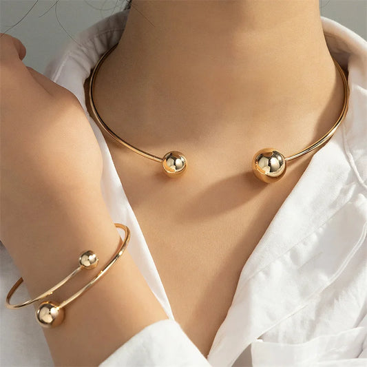 Geometric Metal Round Ball Torque Choker Jewelry Set Jewelry Set Lunarity Garage Gold  