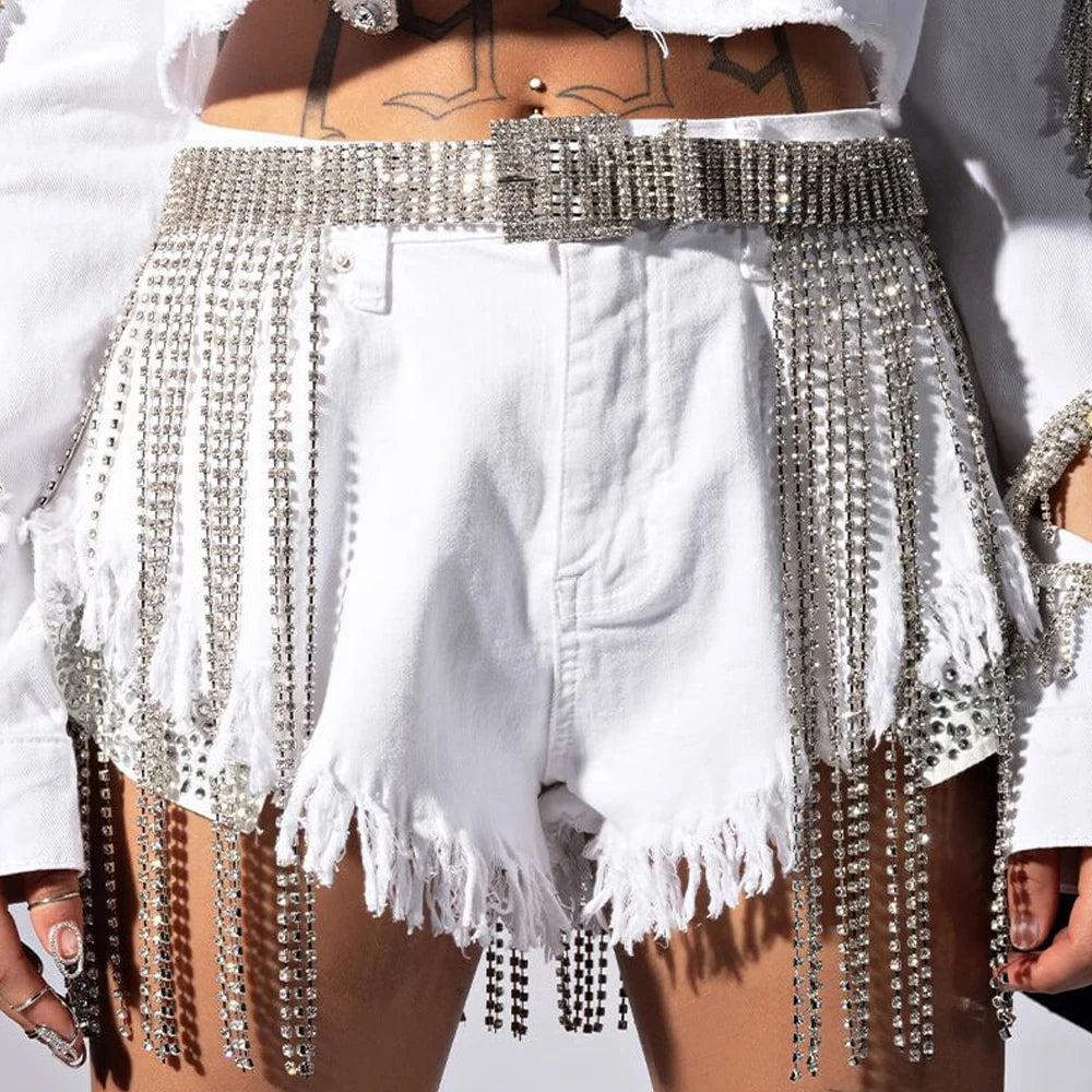 Glitter Crystal Tassel Mini Skirt Rhinestone Chain Belt Belt Lunarity Garage Silver  