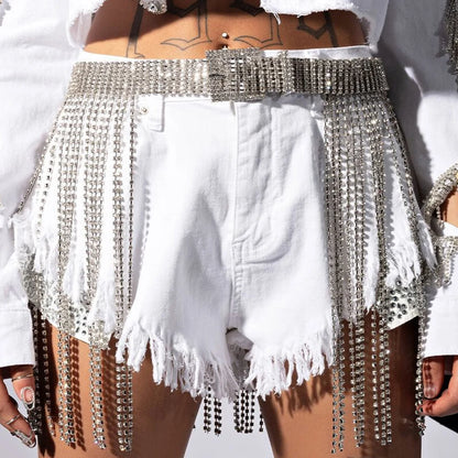 Glitter Crystal Tassel Mini Skirt Rhinestone Chain Belt Belt Lunarity Garage Silver  